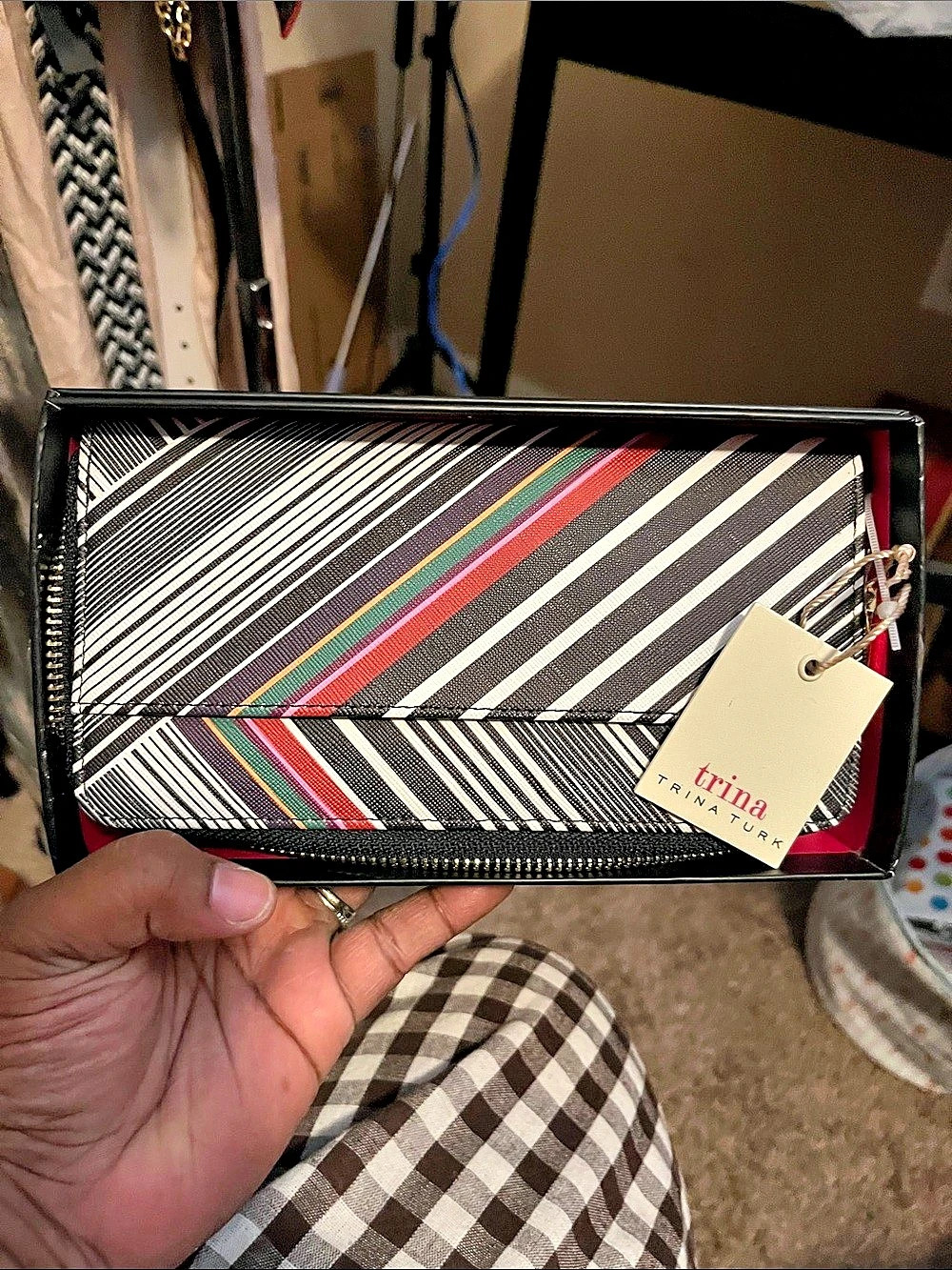 trina turk Striped Cosmetic Bag in Black & White NWT